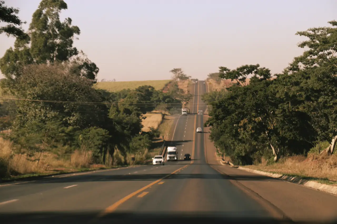 Rodovia vista de dentro do carro, com caminhões à frente e mato dos dois lados.