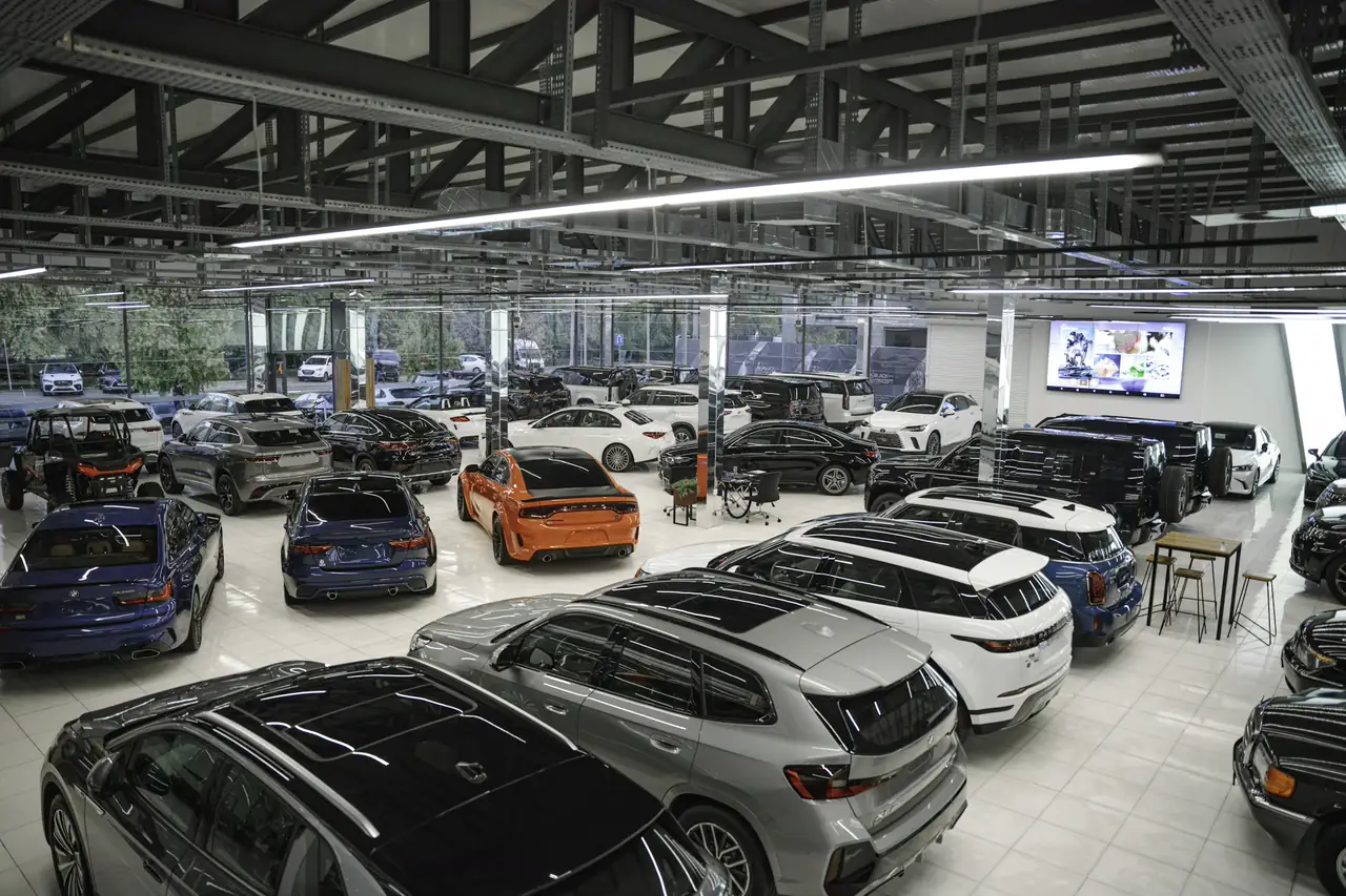 Salão de uma loja de veículos com vários carros expostos lado a lado sob a iluminação do teto.