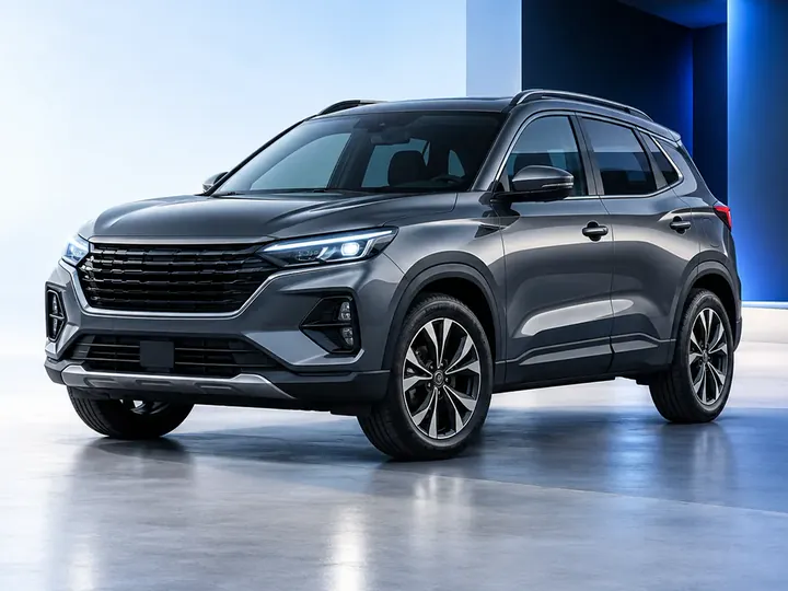 SUV cinza-escuro parado num estúdio claro, iluminado por painéis azuis ao fundo.