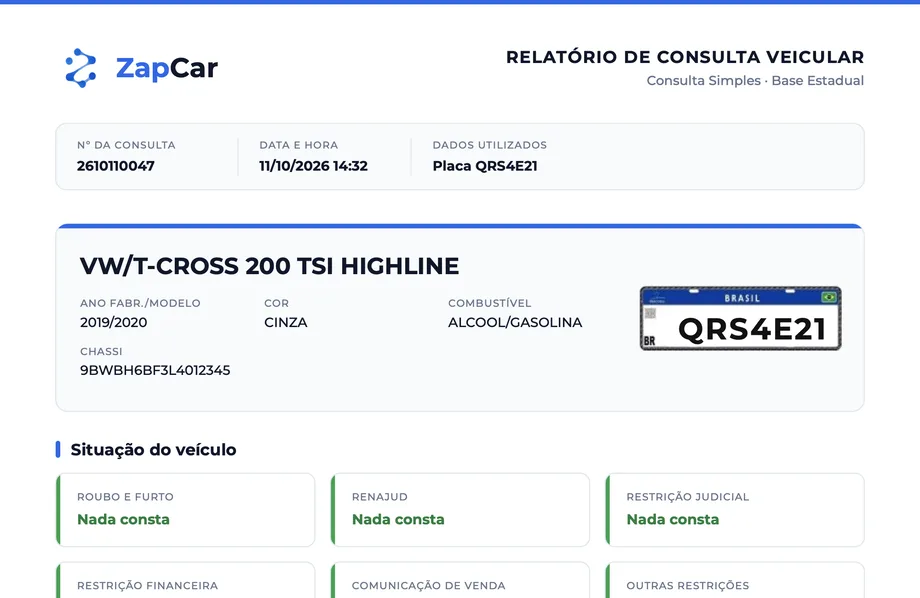 Topo do relatório da Consulta Simples com dados fictícios: placa QRS4E21, VW T-Cross 2019/2020 e a situação do veículo com roubo e furto, RENAJUD e restrição judicial sem registro.