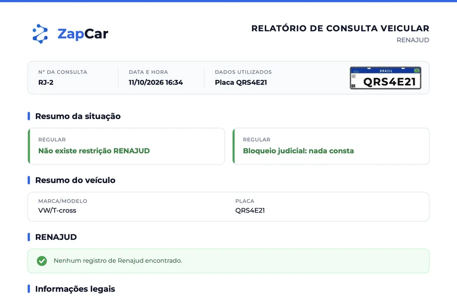 Topo do relatório de RENAJUD com dados fictícios: placa QRS4E21 sem restrição RENAJUD e sem bloqueio judicial.